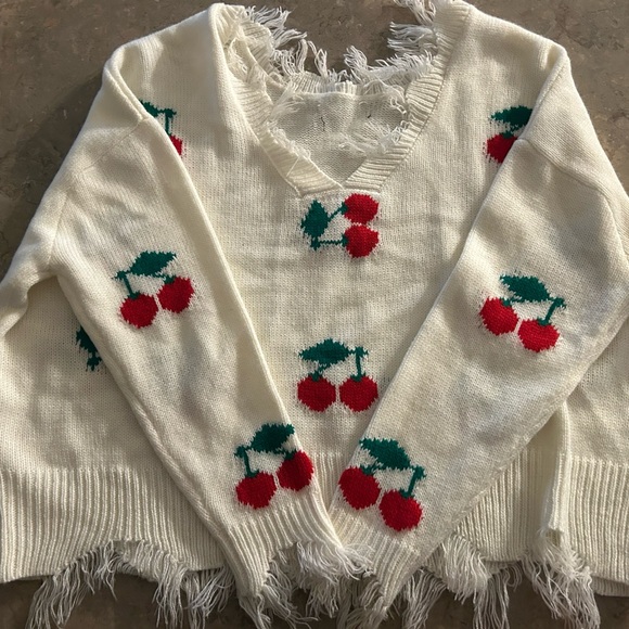 Sweaters - Cherry Pattern Fringed Sweater